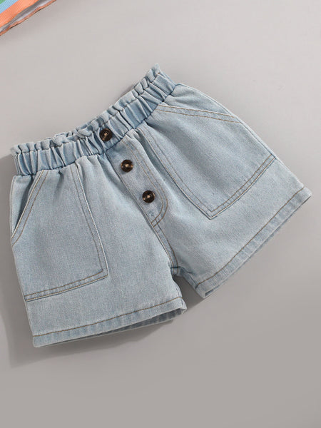 Girls Striped T-Shirt and Button Fly Denim Shorts