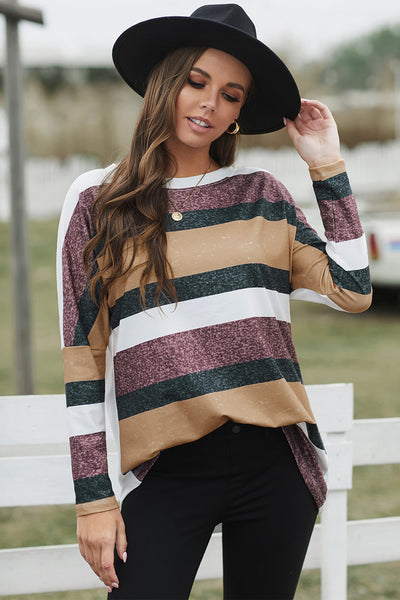 Colorful Stripe Round Neck Tunic Top
