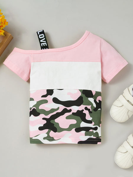 Girls Color Block Printed Cold-Shoulder Tee and Joggers Set