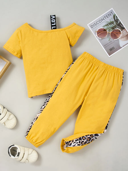 Girls Color Block Printed Cold-Shoulder Tee and Joggers Set