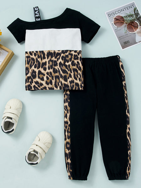 Girls Color Block Printed Cold-Shoulder Tee and Joggers Set