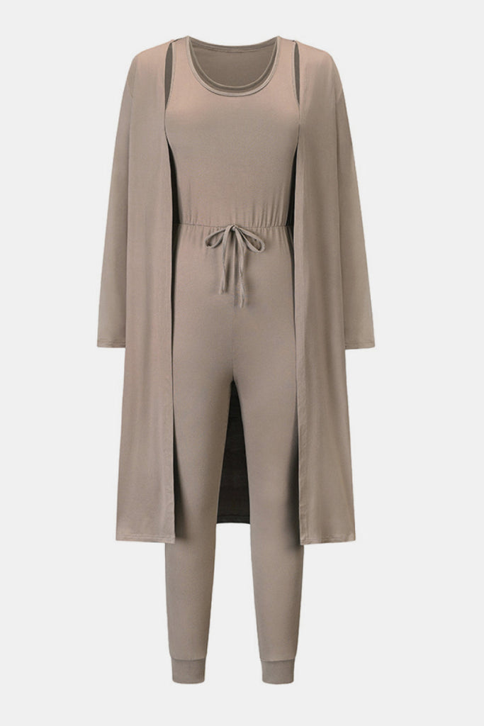 Drawstring Waist Jogger Jumpsuit and Longline Cardigan Set