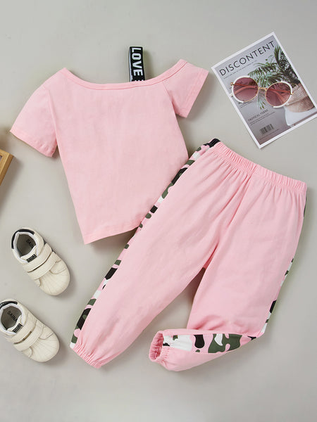 Girls Color Block Printed Cold-Shoulder Tee and Joggers Set