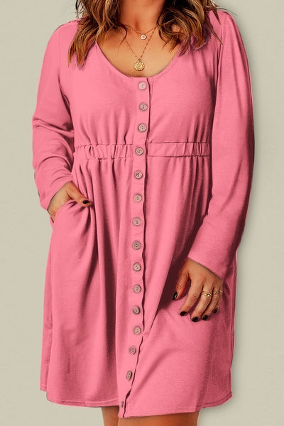 Button Front Elastic Waist Long Sleeve Dress