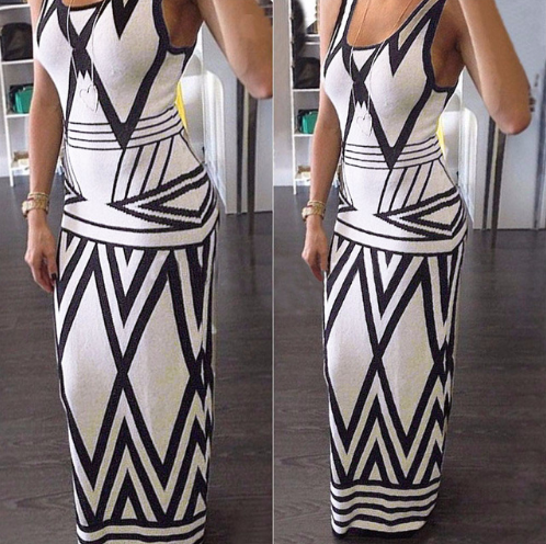 Women Geometric Print Summer Long Maxi DressFashion Casual Sleeveless Bodycon Party Dresses Plus Size Vestidos White