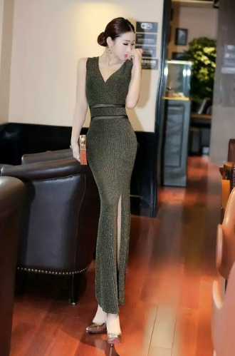 Bronzing Gold Sequin Sexy Backless Split Package Hip Maxi Long Club Dress