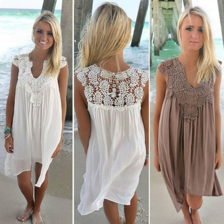 New Fashion Women Casual Chiffon Dress V Neck Short Sleeve Lace Crochet Patchwork Hollow Out Mini Loose Beach Dress Plus Size