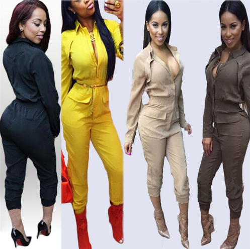 Fashion Women Full Sleeve Turn-Down Collar Zippers Full Pants Womens Bodysuit Sexy Night Club