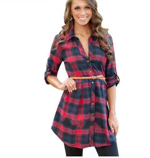 Brand New Hit Color Plaid tshirt Dress Vestidos Fashion Lapel Long Sleeve Women Mini Casual Dress