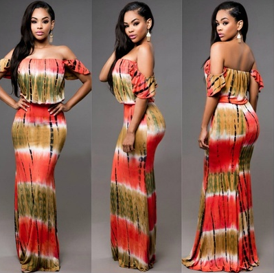 Women's Fashion Tie Dye Print Sexy Backless Off Shoulder Bohemian Dress Maxi Dress