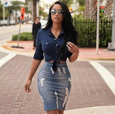 Womens Skirts High Waist Holes Denim Midi Pencil Skirt – Essish