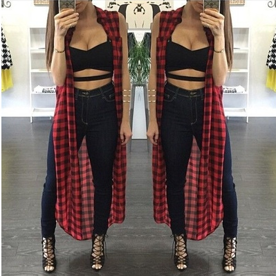 Fashion Women Long Plaid Casual Mini Dress Sleeveless T Shirt Tops Blouse