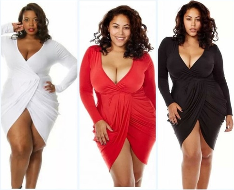 Women Plus Size V Neck Split Slit Bodycon Party Dress With Long