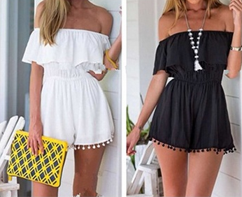 Summer Style Women Romper Off The Shoulder Elastic Waist Ruffles Playsuit Jumpsuit