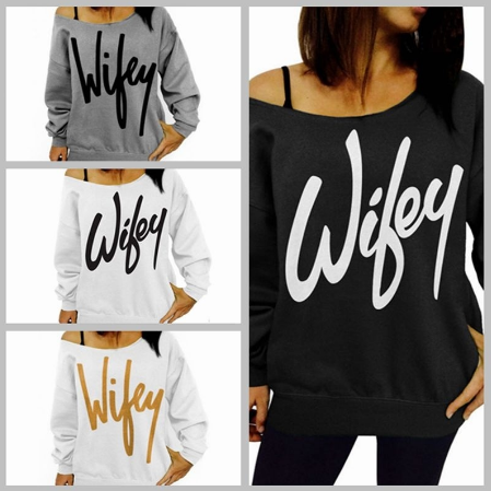 Ladies Letter Printed Long Sleeved Sweatshirt Womens Off Shoulder Jumper Tops Loose Shirt