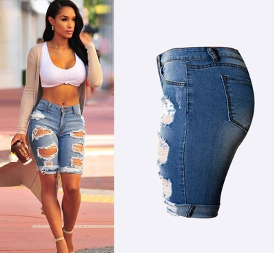 Women Elastic Hole Leggings Short Pants Casual Street Style Denim