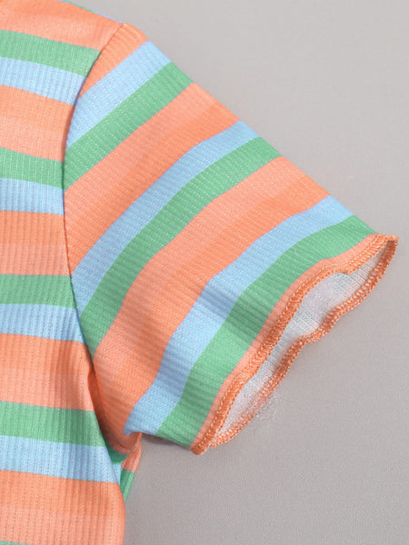 Girls Striped T-Shirt and Button Fly Denim Shorts