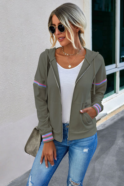 Stripe Detail Zip Up Drawstring Hoodie
