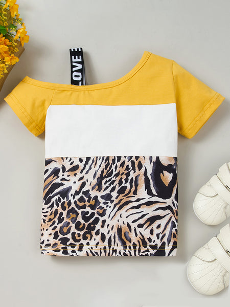 Girls Color Block Printed Cold-Shoulder Tee and Joggers Set