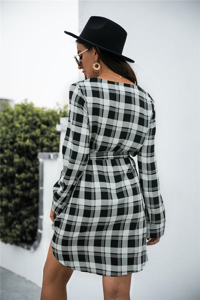Gingham Tie Waist V Neck Dress
