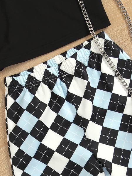 Girls Square Neck Cropped Tee and Argyle Pants Set