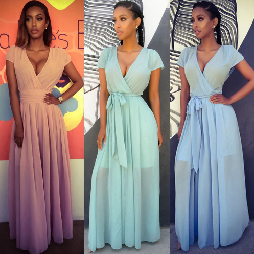 Fashion Short Sleeve Maxi Long Dress V-Neck Party Dresses Sexy Bandage Dress