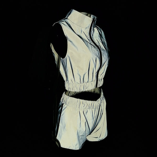 Night Light Women Sleeveless Street Wear Casual Reflective Crop Top & Shorts Zipper Vest & Short 2 Piece Set