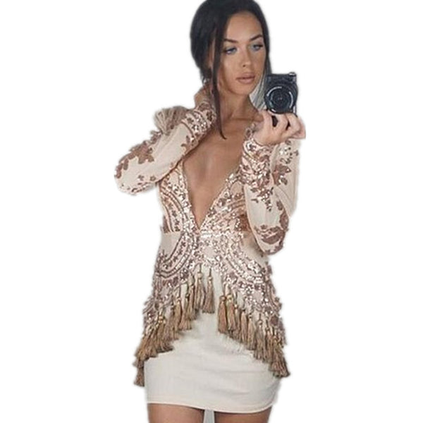 Sequin V Neck Tassels Long Sleeve Bodycon Party Cocktail Elegant Dresses
