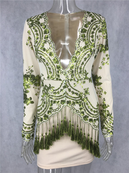 Sequin V Neck Tassels Long Sleeve Bodycon Party Cocktail Elegant Dresses