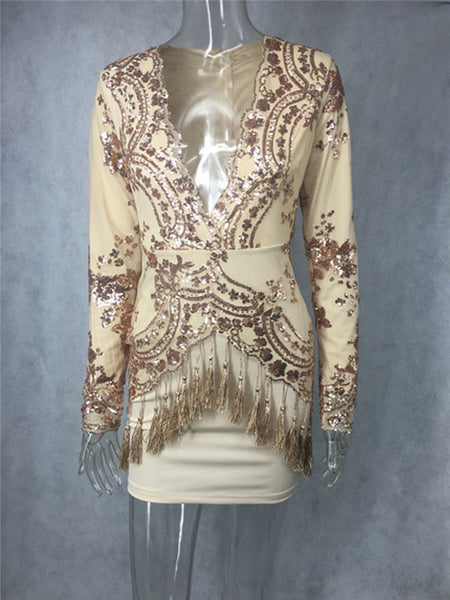 Sequin V Neck Tassels Long Sleeve Bodycon Party Cocktail Elegant Dresses