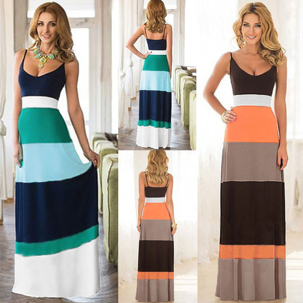 Fashion Summer Beach Sexy Women Striped Long Sleeveless Maxi Sundress