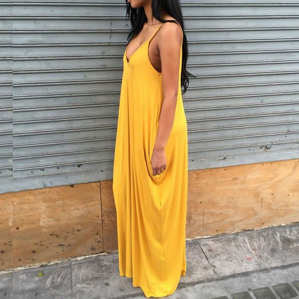 Deep V Shoulder Strap Women Summer Loose Long Maxi Party Dresses