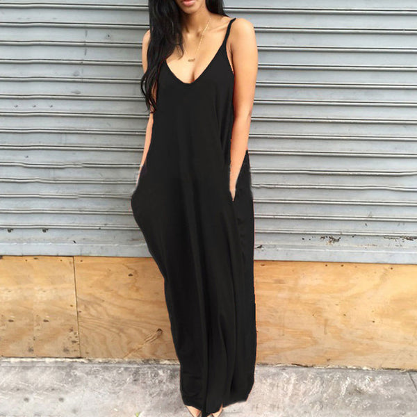 Deep V Shoulder Strap Women Summer Loose Long Maxi Party Dresses