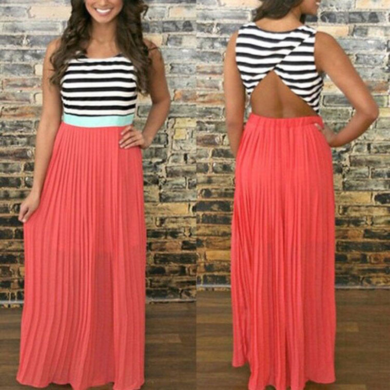 Summer Striped Halter Dress Beach Casual Pleated O-Neck Tank Patchwork Sleeveless Beach Dress Vestidos mujer Robe Bohemia