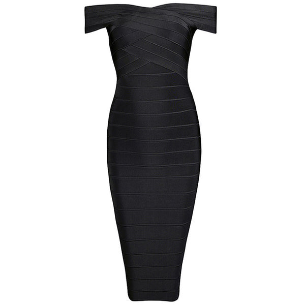 Sexy Off Shoulder Women Bandage Dress Elegant Slash Neck Knee Length Bodycon Backless Party Dress