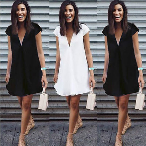 Sexy Women Summer Deep V-Neck  Dresses Casual Plus Size  Short Mini Black Dress