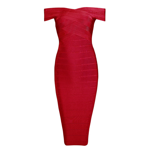Sexy Off Shoulder Women Bandage Dress Elegant Slash Neck Knee Length Bodycon Backless Party Dress