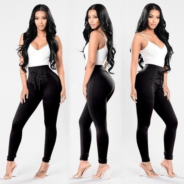 Casual Women Bandage Cross High Waist Slim Skinny Stretchy Pants