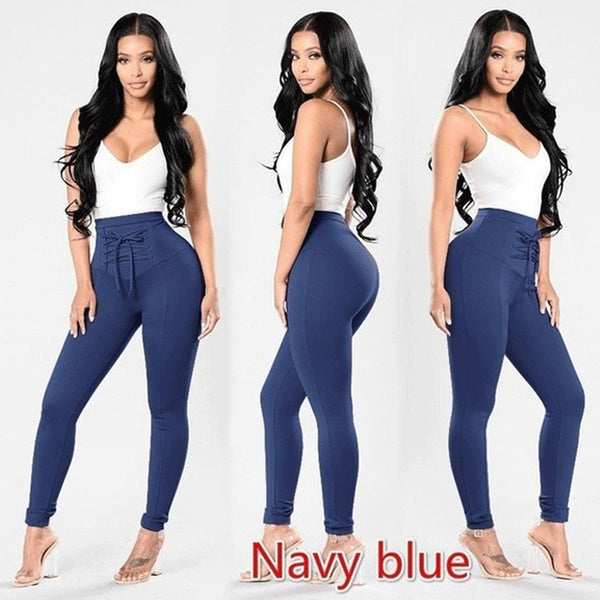 Casual Women Bandage Cross High Waist Slim Skinny Stretchy Pants