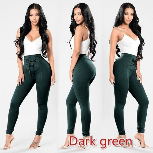 Casual Women Bandage Cross High Waist Slim Skinny Stretchy Pants