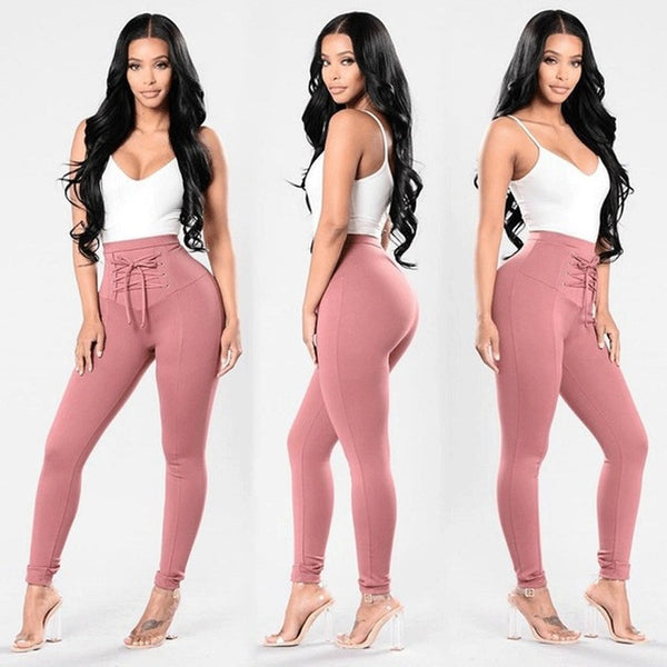 Casual Women Bandage Cross High Waist Slim Skinny Stretchy Pants