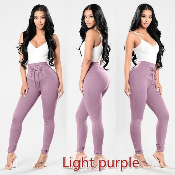 Casual Women Bandage Cross High Waist Slim Skinny Stretchy Pants