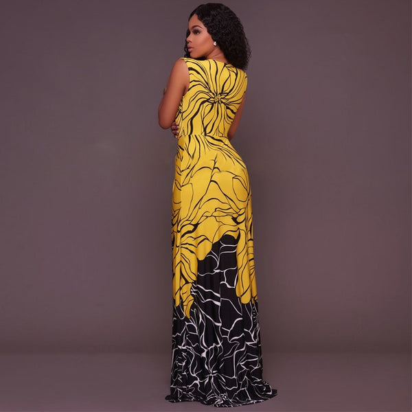 Summer Sexy Floral Print Long Sleeveless V-neck  Fashion Body-con Dress