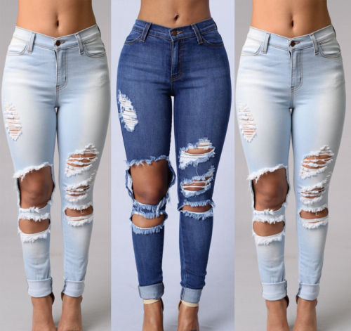 Fashion Hole Jeans Women High Waist Ripped Blue Denim Slim Skinny