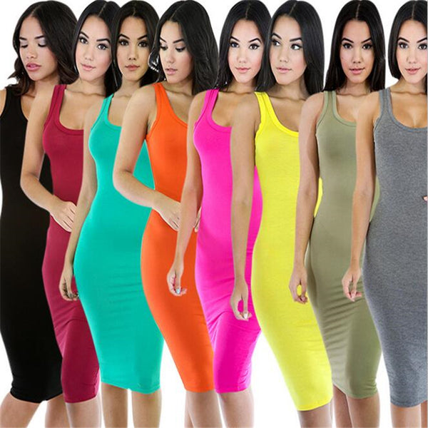Fashion Women Sexy Basic Dresses Sleeveless Slim Vestidos Sundress Vest Tanks Wrap Bodycon Dress Solid Party Dress