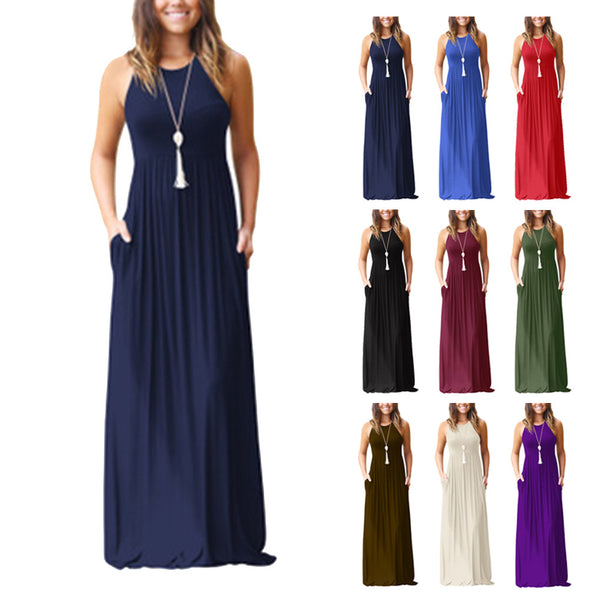 Slim Women Pure Color Racerback Loose Plain Maxi Dresses Swing Casual Long Dresses With Pockets