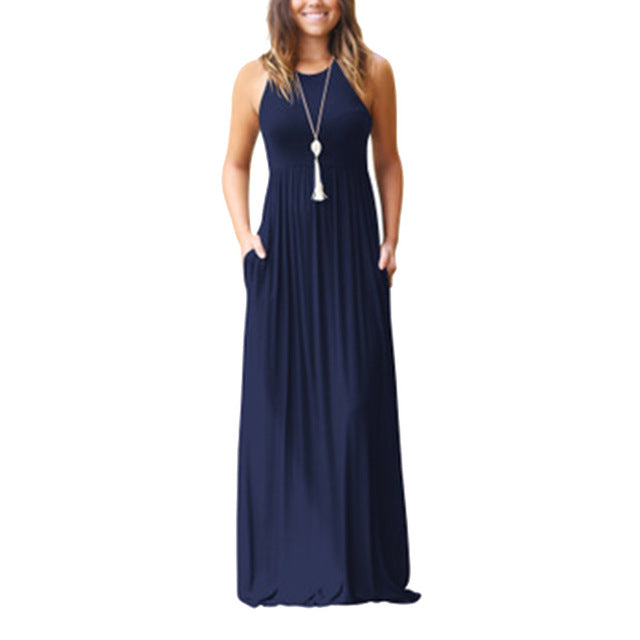 Slim Women Pure Color Racerback Loose Plain Maxi Dresses Swing Casual Long Dresses With Pockets
