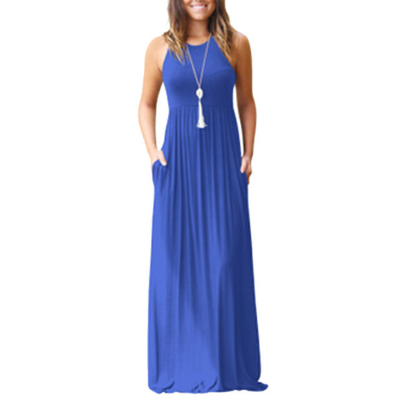 Slim Women Pure Color Racerback Loose Plain Maxi Dresses Swing Casual Long Dresses With Pockets