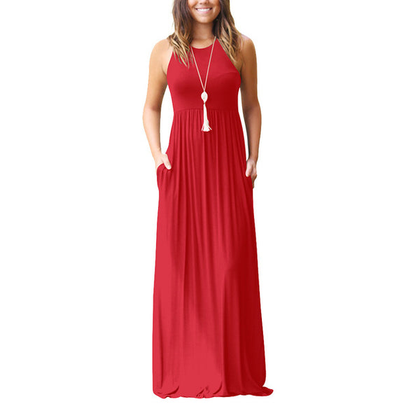 Slim Women Pure Color Racerback Loose Plain Maxi Dresses Swing Casual Long Dresses With Pockets