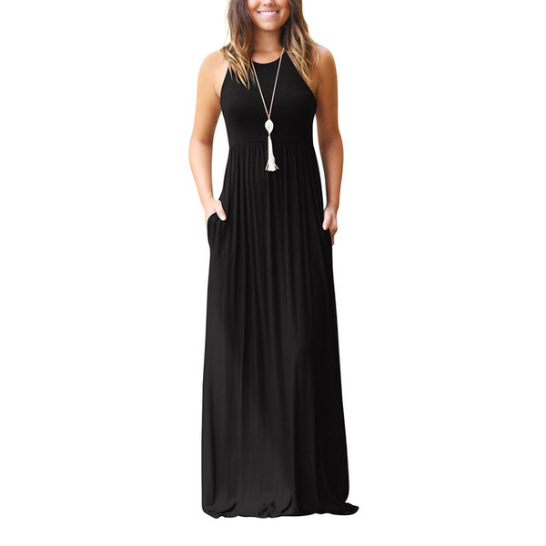 Slim Women Pure Color Racerback Loose Plain Maxi Dresses Swing Casual Long Dresses With Pockets